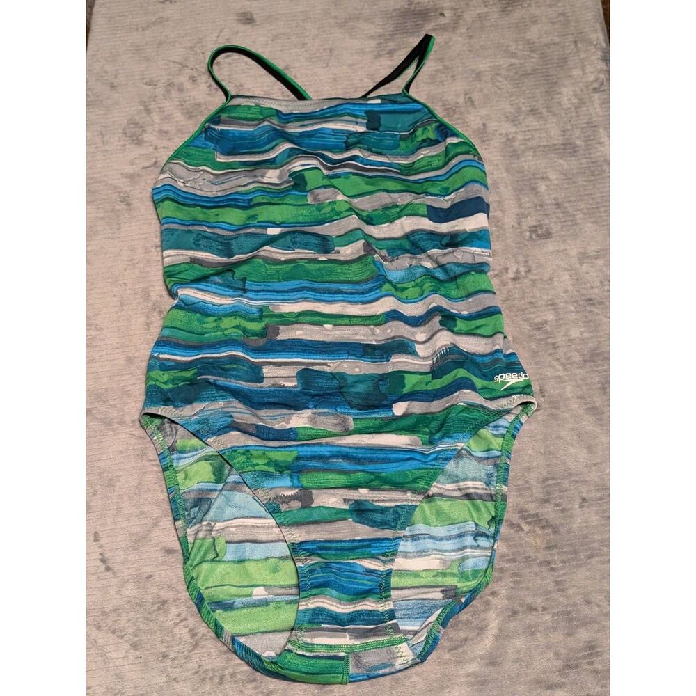 Speedo Train III Size 14 40 ATHLETIC Swimsuit RACING Green Grey